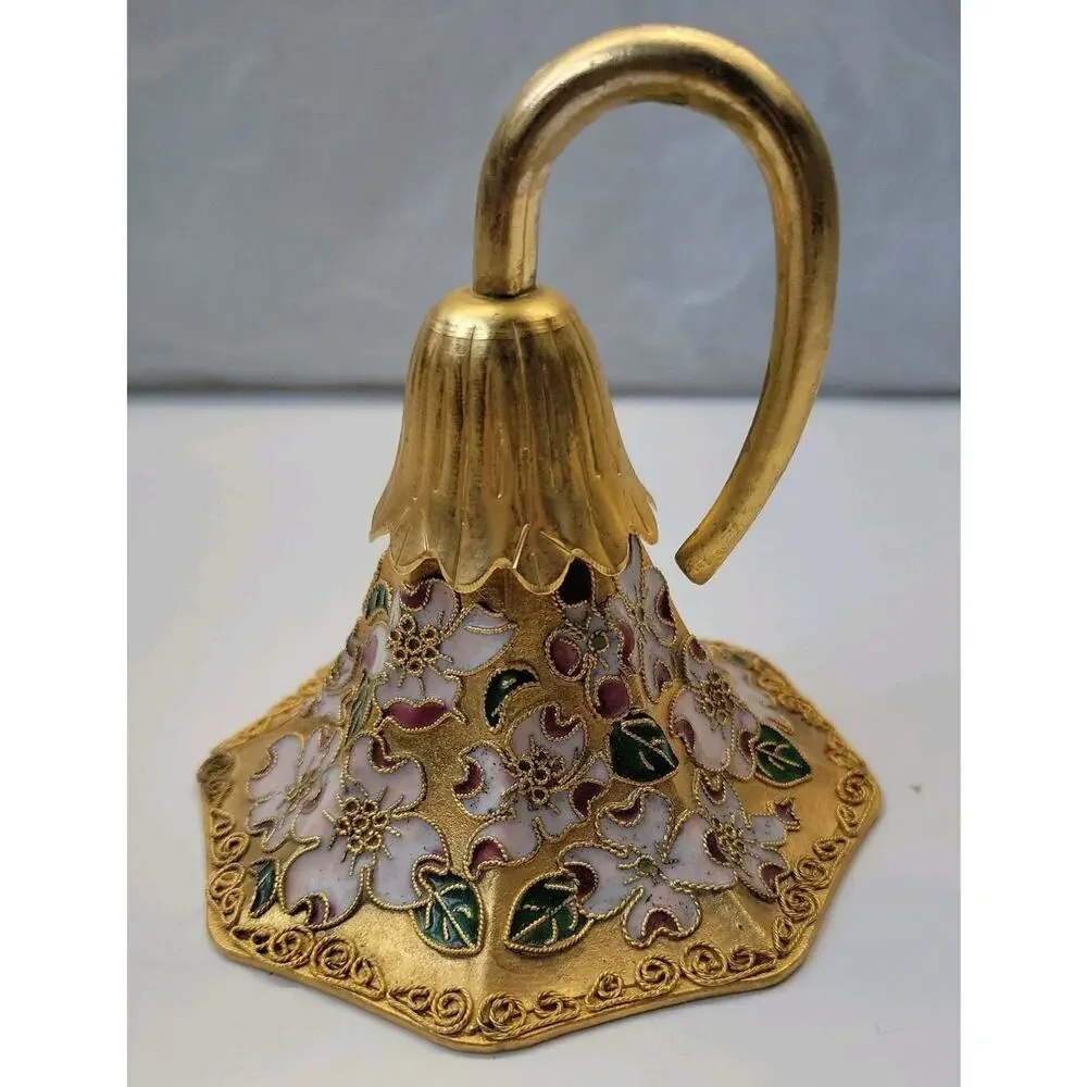 Vintage Tulip Shaped Brass Bell Champleve Cloisonne Ornament Floral Dogwood